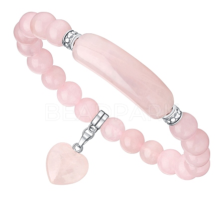 Natural Rose Quartz Curved Rectangle Stretch Braclets with Heart Charm PW-WG54678-02-1