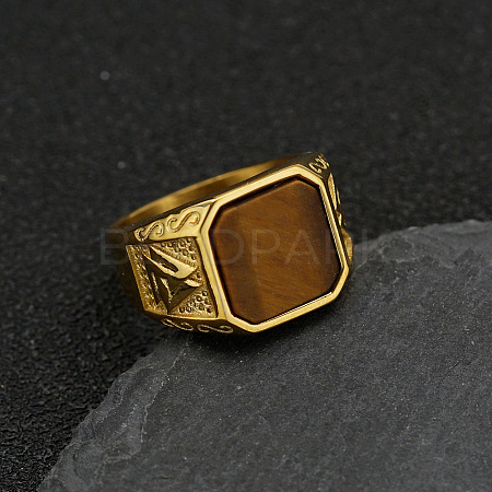 304 Stainless Steel with Natural Tiger Eye Finger Rings FS-WG06E27-01-1