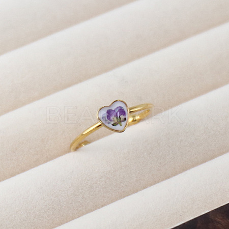 Adjustable 304 Stainless Steel & Resin & Dried Flower Cuff Open Rings FS-WGEFF9F-05-1
