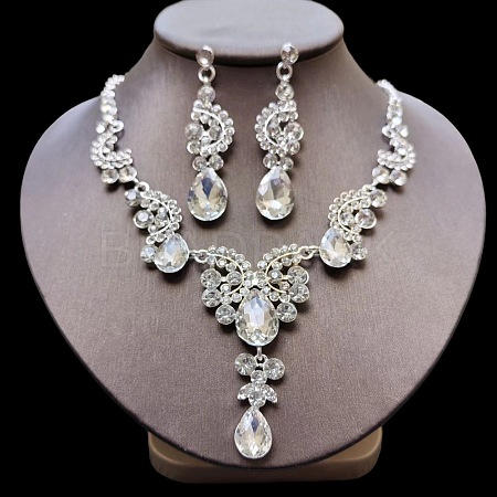 Teardrop Alloy Acrylic Rhinestone Pendant Necklaces & Stud Earrings Sets FS-WG537BF-01-1