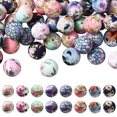 64Pcs 8 Colors Printed Round Silicone Focal Beads SIL-SC0002-88-1