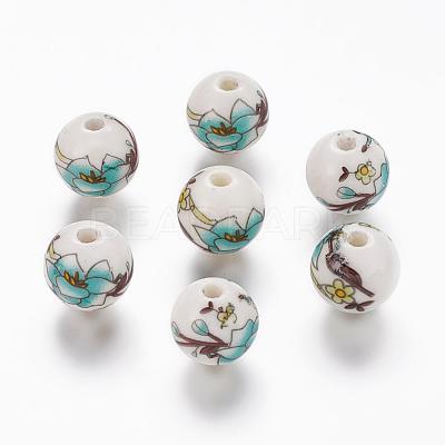 Floral Printed Porcelain Beads X-PORC-Q199-12mm-17-1