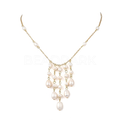 Brass Natural Pearl Rice Beads Tassel Pendant Necklaces NJEW-TA00254-1