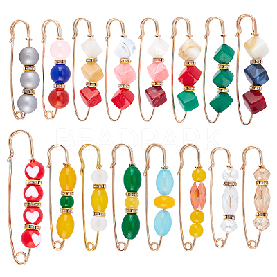 16Pcs 16 Style Resin Imitation Gemstone & Crystal Rhinestone Beaded Safety Pin Brooches JEWB-PH0001-27-1