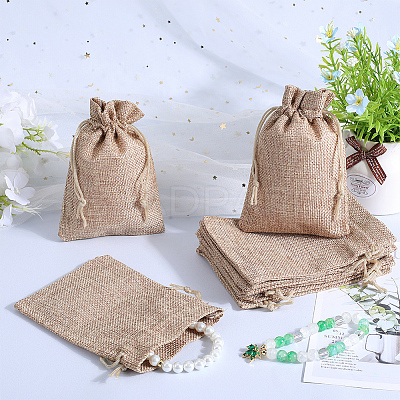 Polyester Imitation Burlap Packing Pouches Drawstring Bags ABAG-BBC0001-02B-01-1