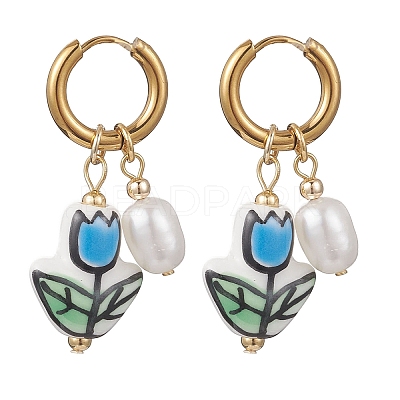 Valentine's Day Handmade Porcelain & Natural Cultured Freshwater Pearl Dangle Earrings EJEW-JE06960-1