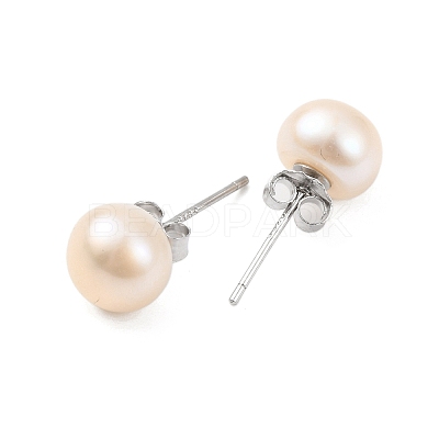 Natural Pearl Round Bead Stud Earrings EJEW-E298-01D-02P-1