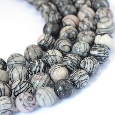 Natural Black Silk Stone/Netstone Round Bead Strands G-E334-8mm-05-1