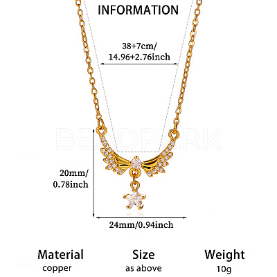 304 Stainless Steel Pave Clear Cubic Zirconia Angel Wings Pendant Necklaces for Women WG752E1-01-1