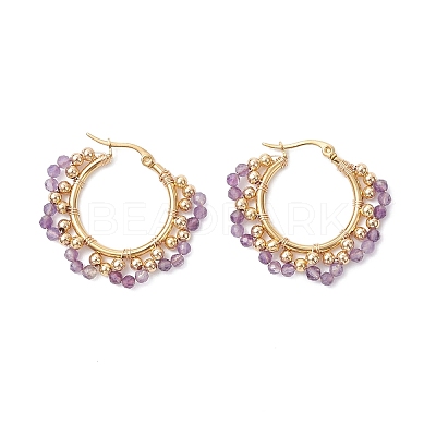 Brass Natural Amethyst Hoop Earrings EJEW-TA00782-03-1