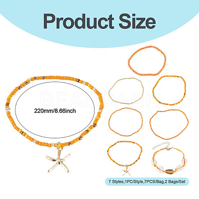 2 Bags Summer Beach Glass Seed Beaded & Natural Shell & Alloy Starfish Charm Anklet Sets AJEW-TA0003-69C-1