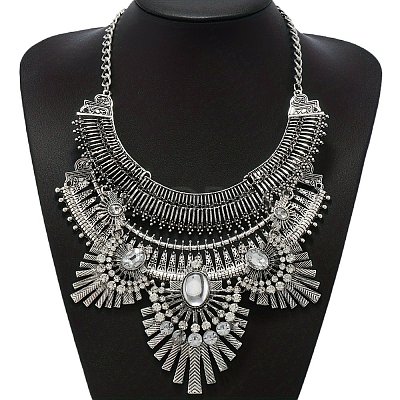 Alloy Crystal Rhinestone Ethnic Boho Trible Floral Chunky Bib Necklaces for Women FS-WG8FFE1-02-1