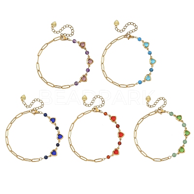 Gemstone Round & Stainless Steel Glass Heart Link Chain Bracelets with Paperclip Chains BJEW-JB14233-1