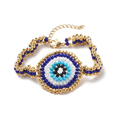 Glass Seed Braided Evil Eye Link Bracelet for Women BJEW-JB08398-02-1