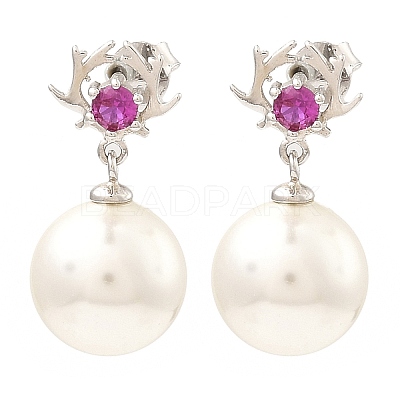 Shell Pearl Round Dangle Stud Earrings with Cubic Zirconia EJEW-Z024-05P-1