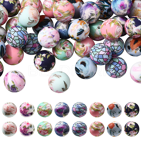 64Pcs 8 Colors Printed Round Silicone Focal Beads SIL-SC0002-88-1