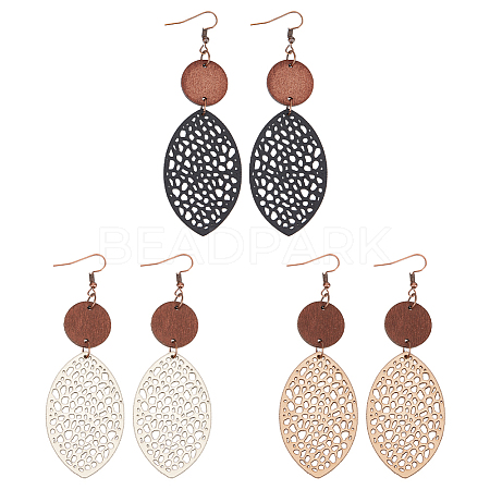 ANATTASOUL 3 Pairs 3 Colors Wood Hollow Oval Dangle Earrings with 304 Stainless Steel Pins for Women EJEW-AN0004-83-1