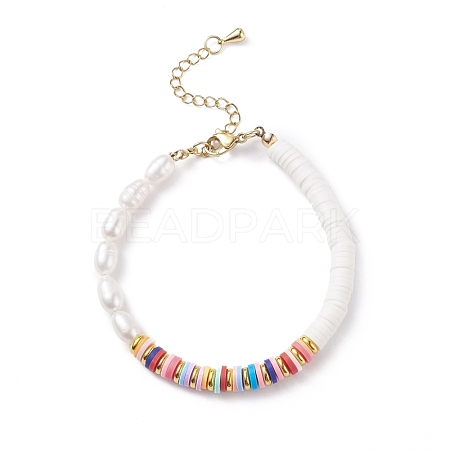 Natural Pearl & Polymer Clay Beaded Bracelet BJEW-TA00085-1