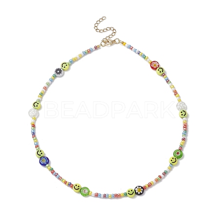 Flower & Smile Face Acrylic & Seed Beaded Necklace for Women NJEW-JN04303-1