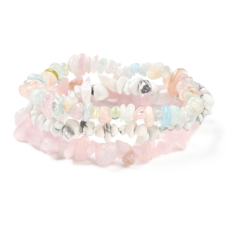 Chips Natural Rose Quartz & Morganite & Howlite Beaded Stretch Bracelets Sets BJEW-JB05332-04-1