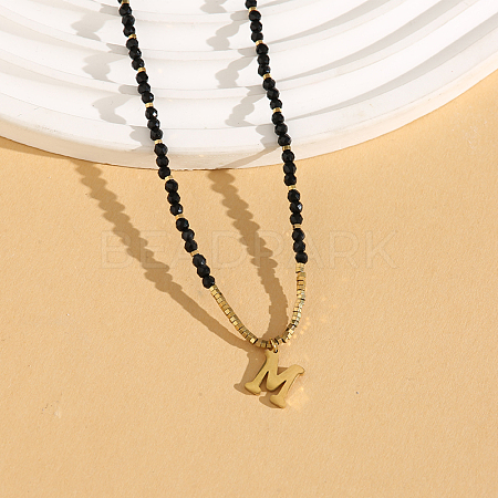 Stainless Steel Initial Pendant Faceted Round Natural Black Spinel Beaded Necklaces for Women ZD9259-13-1