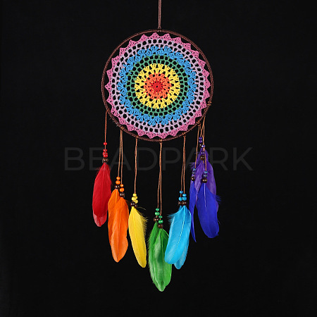 Indian Style Woven Net/Web with Feather Pendant Decoration HJEW-PW0001-042-1
