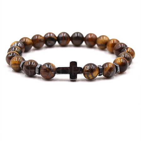 8MM Round Natural Tiger Eye Beaded Stretch Bracelets with Synthetic Non-magnetic Hematite Cross FA1012-2-1