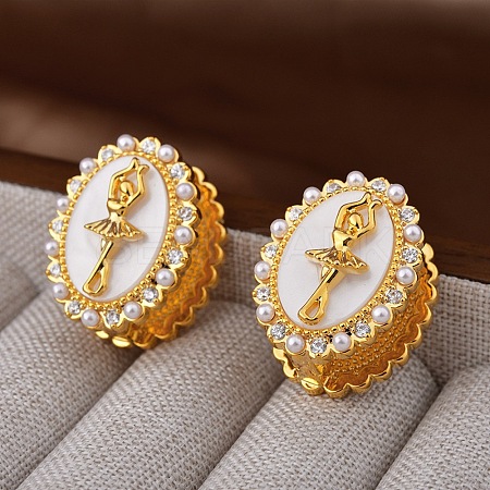 Oval with Ballerina Girl Brass Micro Pave Clear Cubic Zirconia Hoop Earrings for Women EJEW-Q391-36G-1