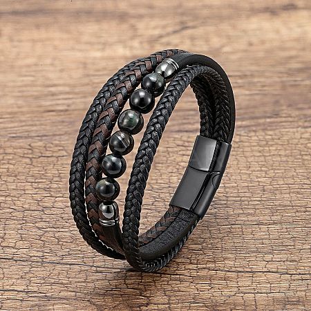 Dyed & Heated Natural Tiger Eye Round Beads & Braided Imitation Leather Cord Bracelets for Men FS-WGCE7B3-18-1