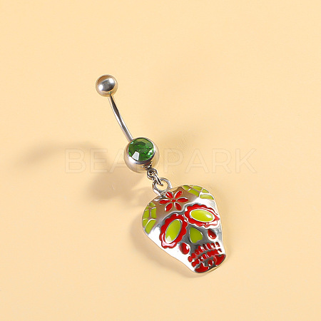 316L Surgical Stainless Steel Pave Cubic Zirconia Enamel Dangle Curved Barbell Belly Rings FS-WGB5546-02-1
