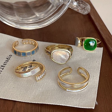 5Pcs Brass Enamel & Natural Shell Finger Rings Sets WG36BED-02-1