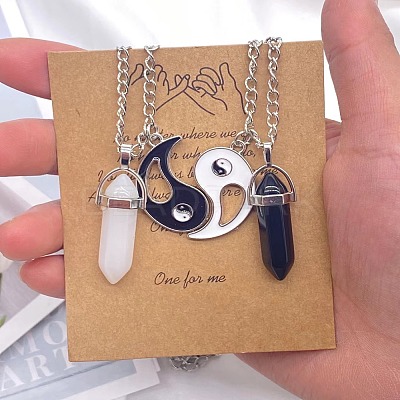 2Pcs Glass Double Faceted Pointed Bullet Pendant Couple Necklaces with Yin-Yang Charms FS-WG058EE-08-1