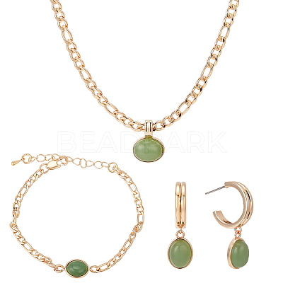 18K Real Gold Plated Natural Green Aventurine Oval Pendant Necklaces & Stud Earrings & Link Bracelet SJEW-AN0001-51-1