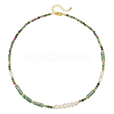 Faceted Round Natural Ruby in Zoisite & Column Green Spot Jasper & Freshwater Pearl Beaded Necklaces & Bracelets Sets for Women ZI1839-3-1