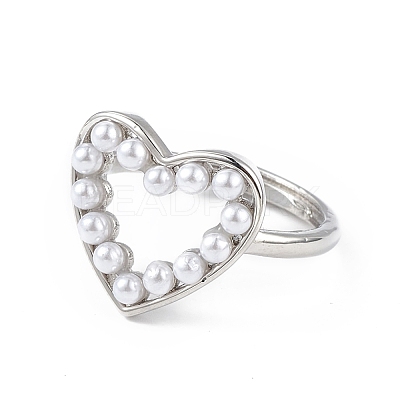 Plastic Pearl Hollow Out Heart Adjustable Ring RJEW-L100-012P-1