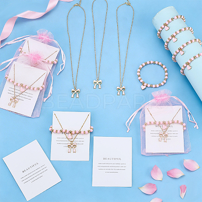 12Pcs Alloy Enamel Bowknot Pendant Necklaces & CCB Plastic Beads with Heart Charms Bracelets SJEW-ME00004-1