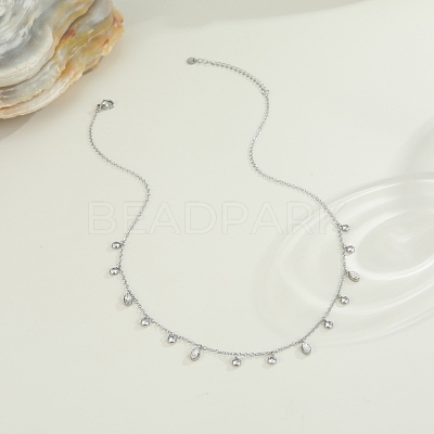 304 Stainless Steel Pave Clear Cubic Zirconia Oval Flat Round Tassel Bib Necklaces for Women NJEW-T020-01P-1