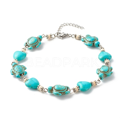 Heart & Tortoise Synthetic Turquoise Beaded Anklet AJEW-AN00459-02-1