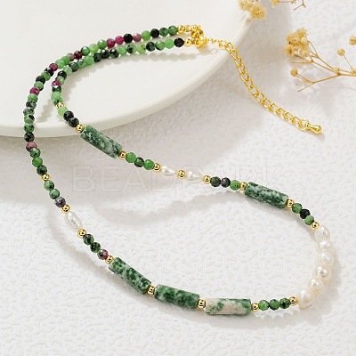 Faceted Round Natural Ruby in Zoisite & Column Green Spot Jasper & Freshwater Pearl Beaded Necklaces & Bracelets Sets for Women ZI1839-3-1