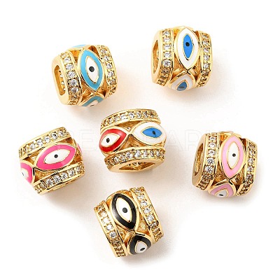 Rack Plating Brass Micro Pave Cubic Zirconia Evil Eye European Beads with Enamel KK-M247-34G-1