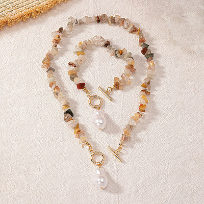 Alloy & Natural Gemstone Chips Beaded Necklaces & Beaded Bracelets Sets FS-WGA97E1-01-1