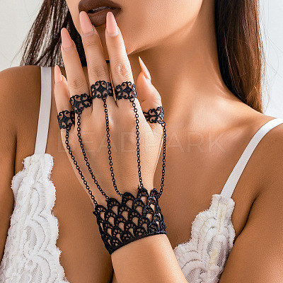 Halloween Gothic Black Lace Finger Ring Bracelets for Women WG5FE4C-03-1