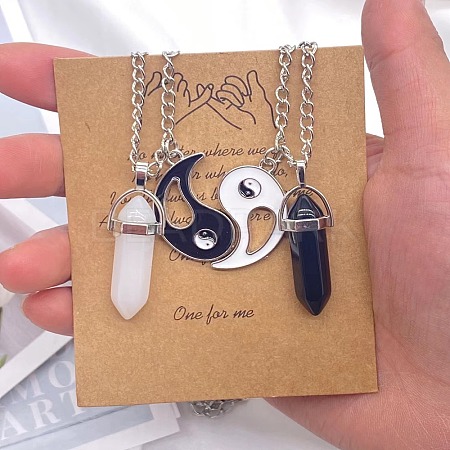 2Pcs Glass Double Faceted Pointed Bullet Pendant Couple Necklaces with Yin-Yang Charms FS-WG058EE-08-1