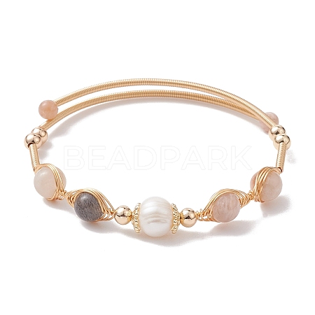 Natural Moonstone Round Beaded Cuff Bangle BJEW-JB10113-01-1