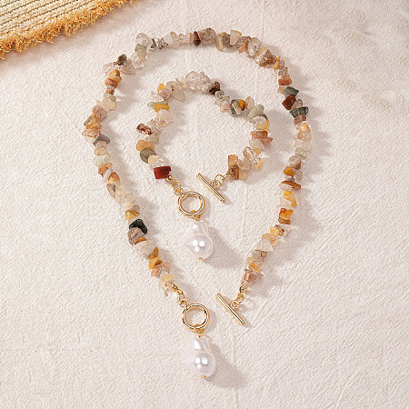 Alloy & Natural Gemstone Chips Beaded Necklaces & Beaded Bracelets Sets FS-WGA97E1-01-1