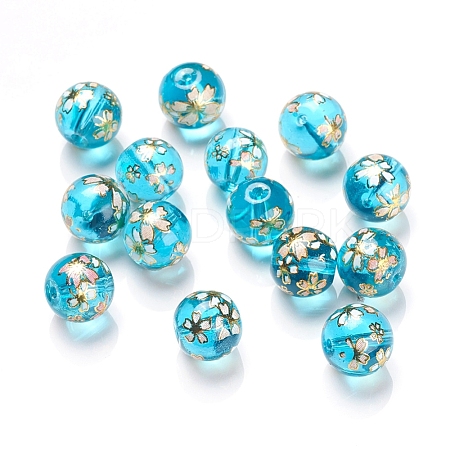 Flower Picture Printed Glass Round Beads GLAA-J089-10mm-A10-1