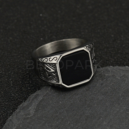 304 Stainless Steel with Natural Black Agate Finger Rings FS-WG06E27-24-1