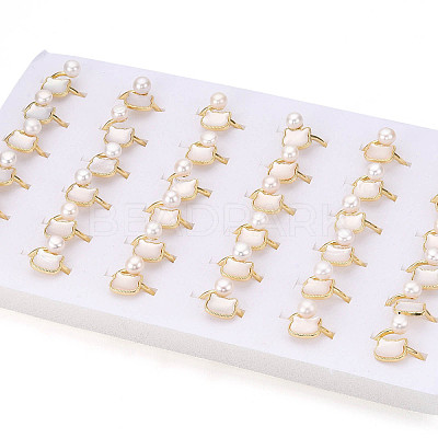 Brass & Natural Pearls Adjustable Open Cuff Rings for Women PEAR-N020-07J-1