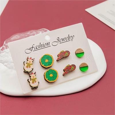 4 Pairs Snowman & Christmas Hat & Wreath Printed Wood Stud Earrings EJEW-OY001-06-1