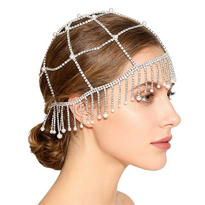 ABS Imitation Pearl & Rhinestone Mesh Headpiece Cap AJEW-WH20017-85P-1